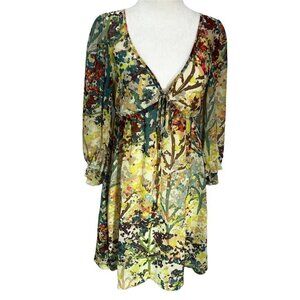 H&M💙FLARED Dress Floral Low V-Neck Balloon Sleeves Mini Lined Size M
